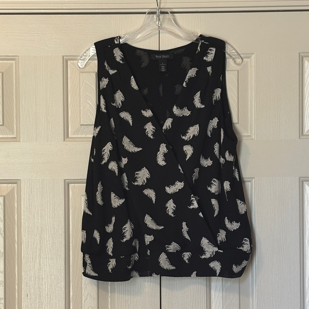WHBM Feather Print Faux Wrap Sleeveless Blouse